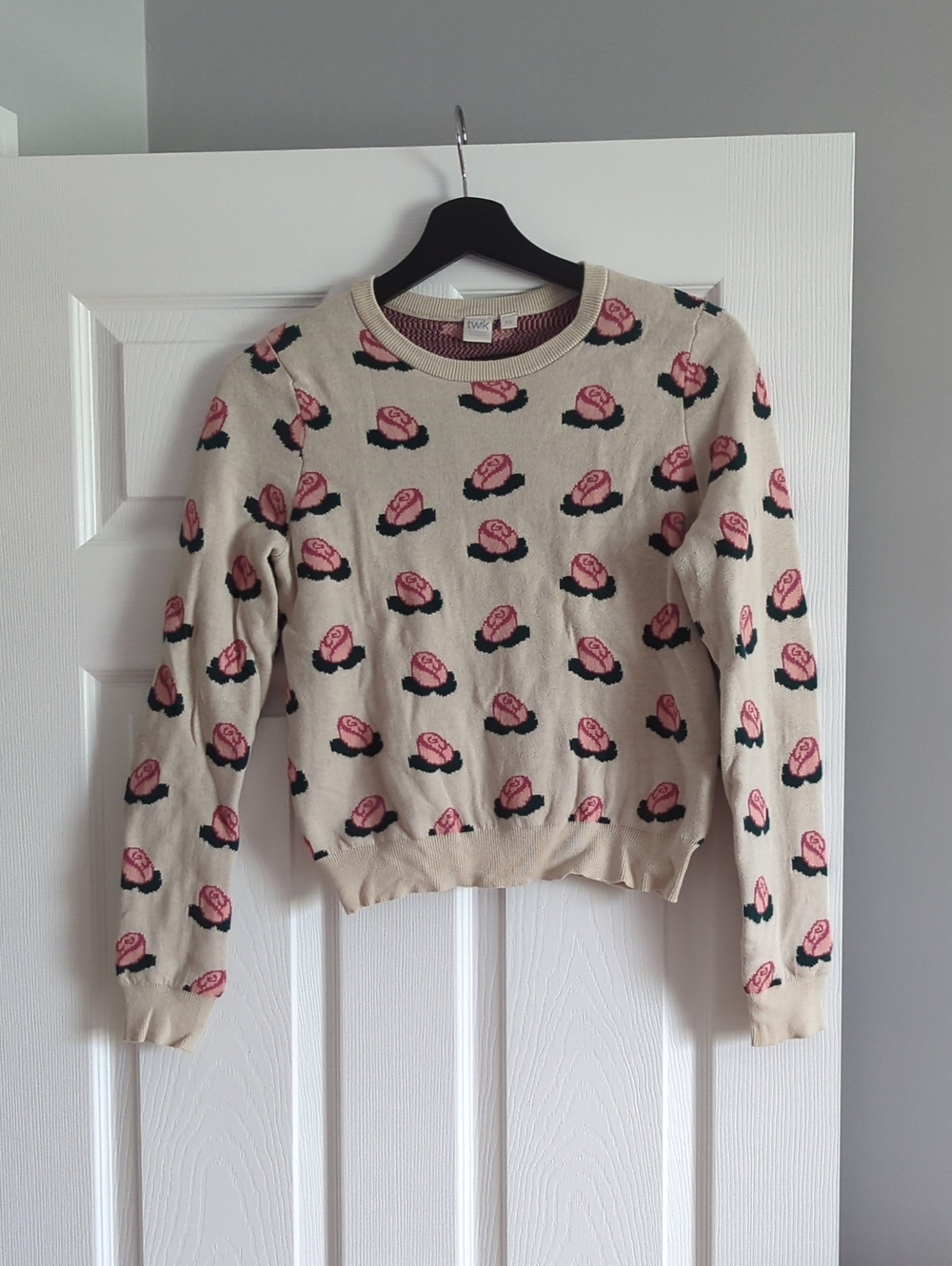 Cream Crewneck Sweater with Pink Rose Pattern